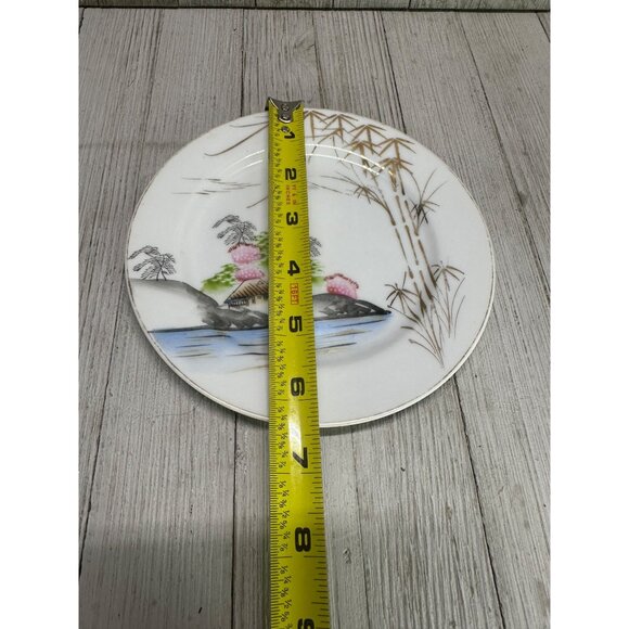 Vintage Kutani Ware Teapot 7" Tall & Plate 7" DIA Bamboo Village Golden Design - Picture 6 of 14